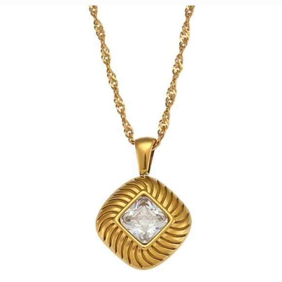 Zircon Vintage Diamond Textured Pendant Necklace 18K Gold Plated Stainless Steel - Picture 2 of 8